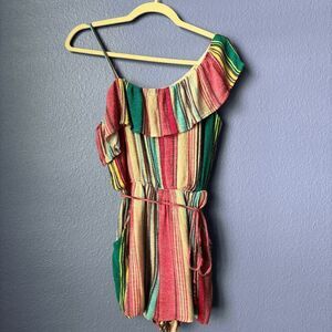 Red Camel One Shoulder Multi Color Romper Western Boho Summer Small Ruffle Tie